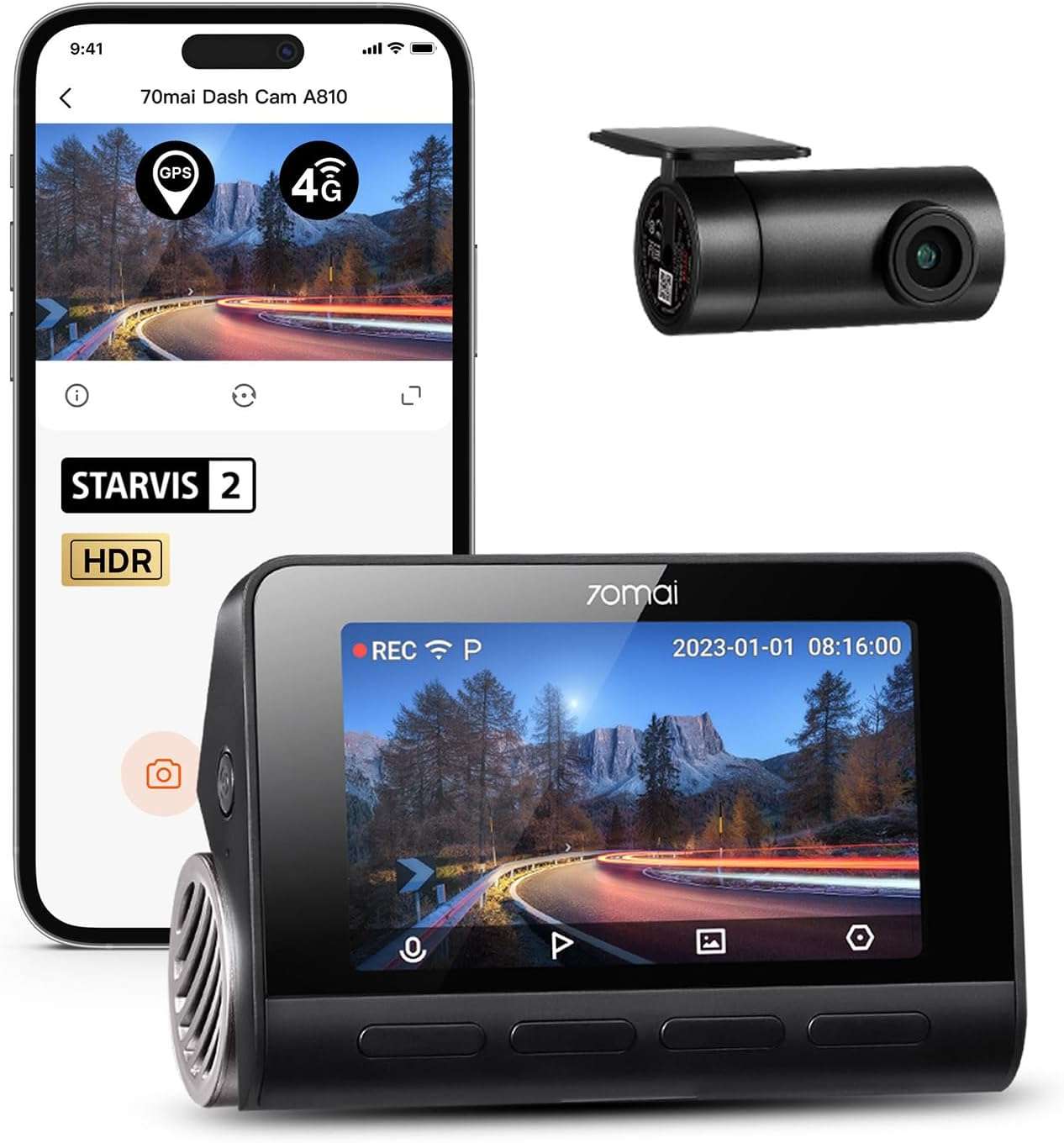 70mai A810 4K Set Dash Cam Front and Rear, Dual Dash Camera for Cars with Starvis 2 HDR Night Vision, 4G LTE Support, ADAS, Built in GPS & WiFi, 24/7 Parking Mode, AI Motion Detection, Time-Lapse
