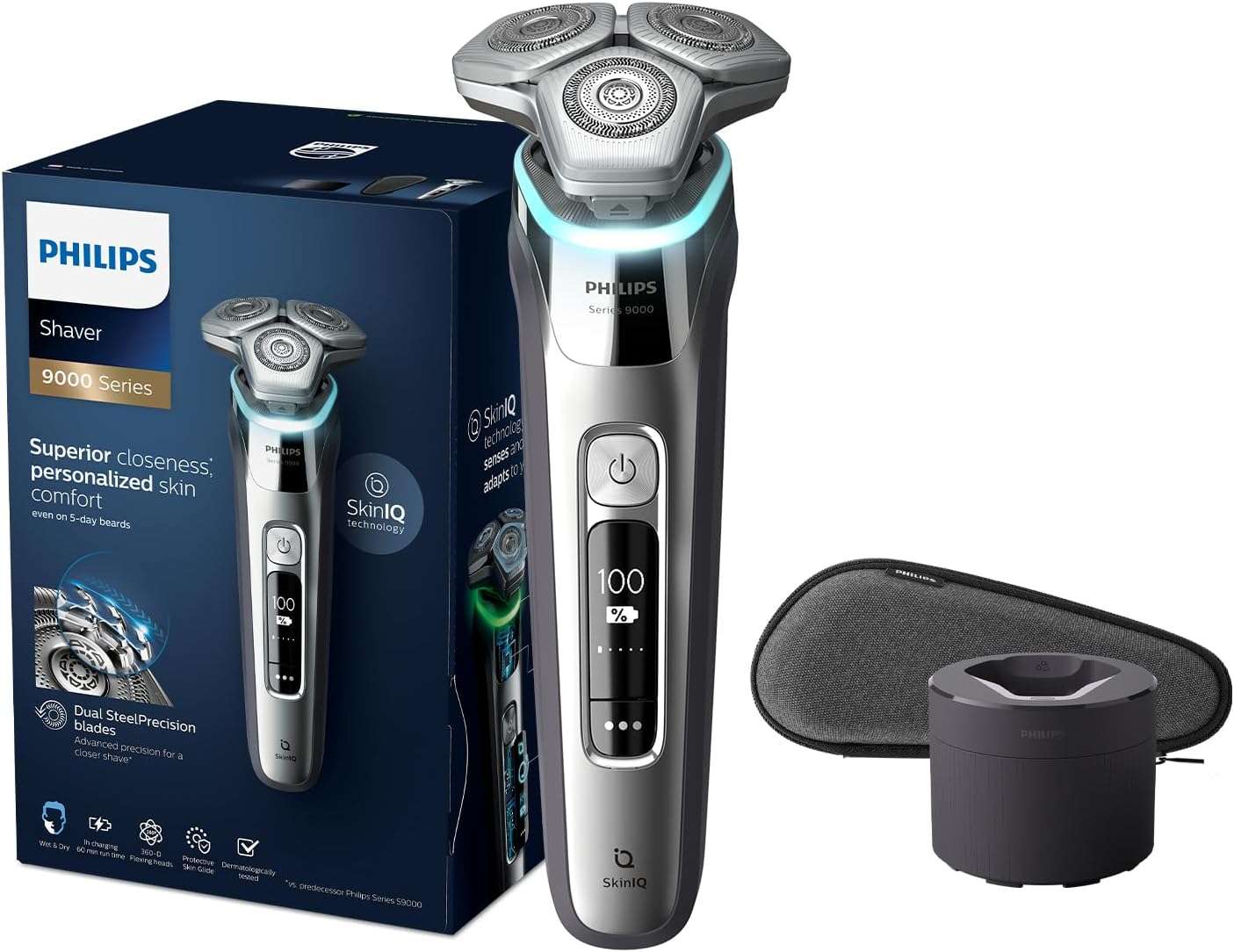 Philips Shaver Series 9000  | Wet & Dry Use| Smart SkinIQ Tech for a Close, Comfortable Shave | Flexible Heads, Pressure Guard Sensor | 60min Cordless Use, Travel Case Included S9985/50