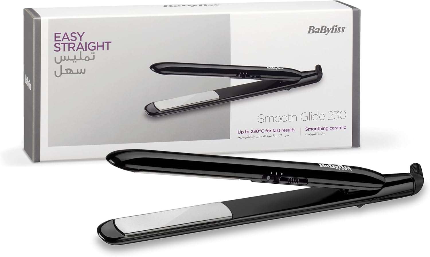 BaByliss Smooth Glide 230 Hair Straightener | Fast Heat Up Ceramic Coated Plates For Rapid Results | 2 Digital Temp Settings 200°C - 230°C | Breathe Easy With Auto Shut Off Function | ST240SDE (Black)
