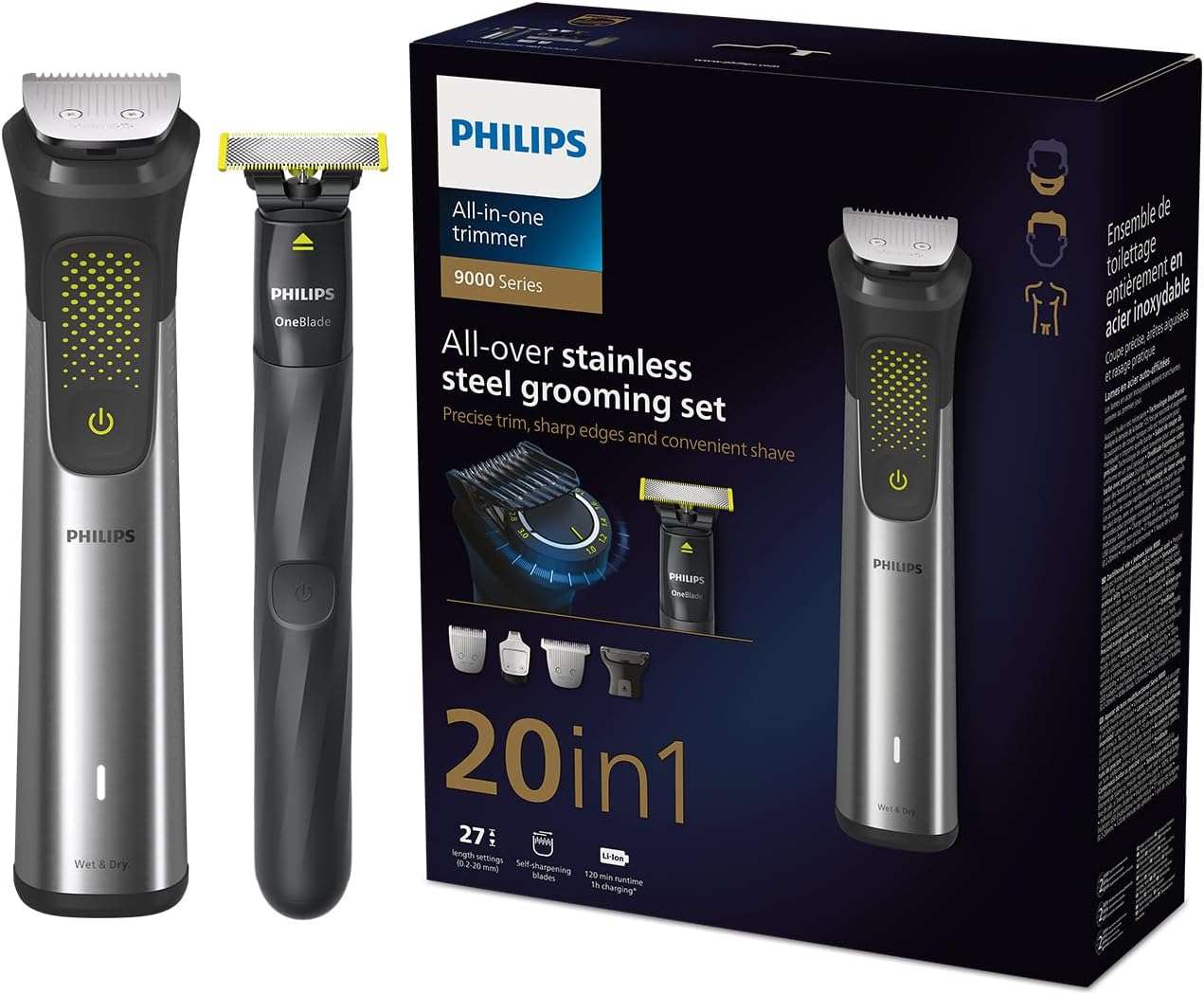 Philips All-in-One Trimmer Series 9000 MG9553/15 | 20-in-1 Face, Hair & Body Grooming | OneBlade for Precision Styling | 120min Cordless Use, Showerproof | Travel Pouch