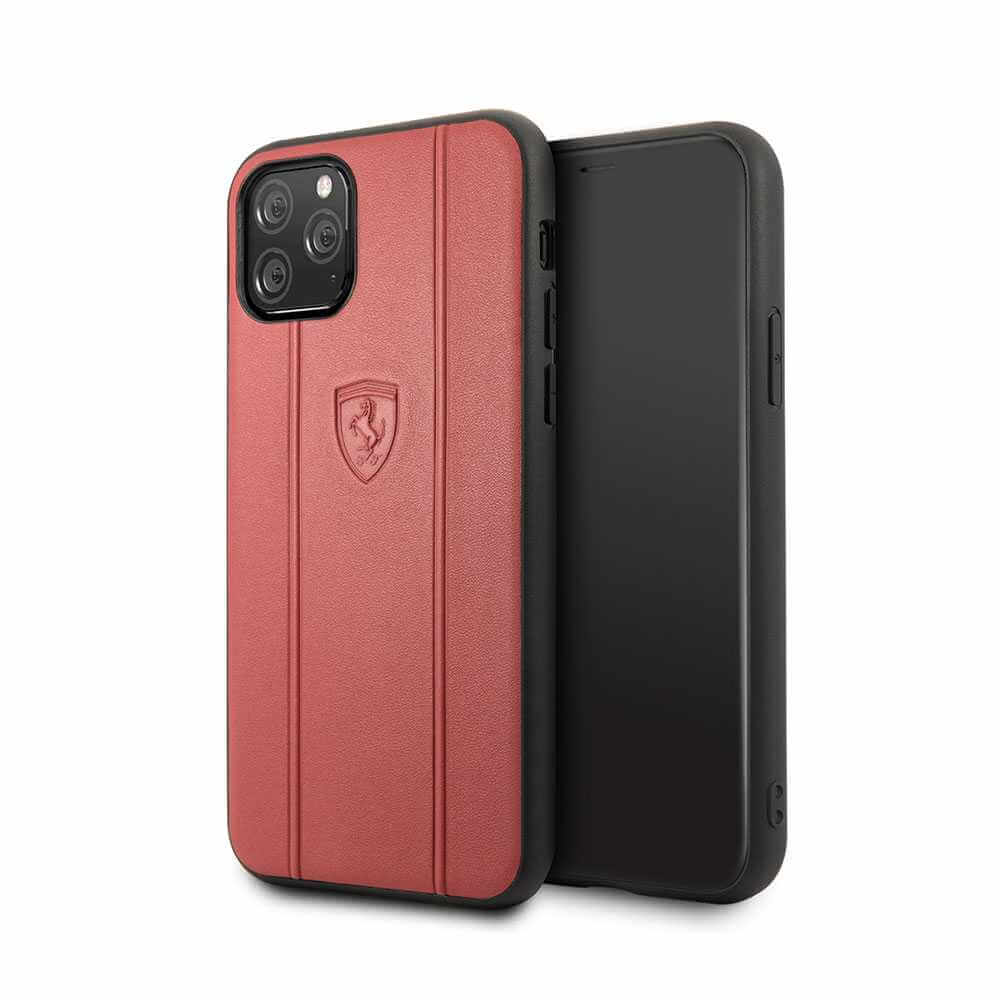 Ferrari Off Track Leather Hard Case with Embossed Lines For Apple iPhone 11 Pro Max - Red